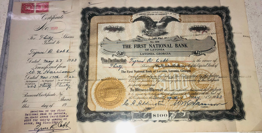 1923 Ty Cobb Signed X2 Stock Certificate Authenticated