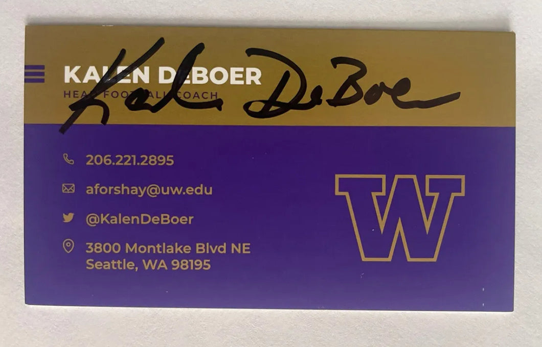 KALEN DeBOER autograph WASHINGTON HUSKIES business card signed