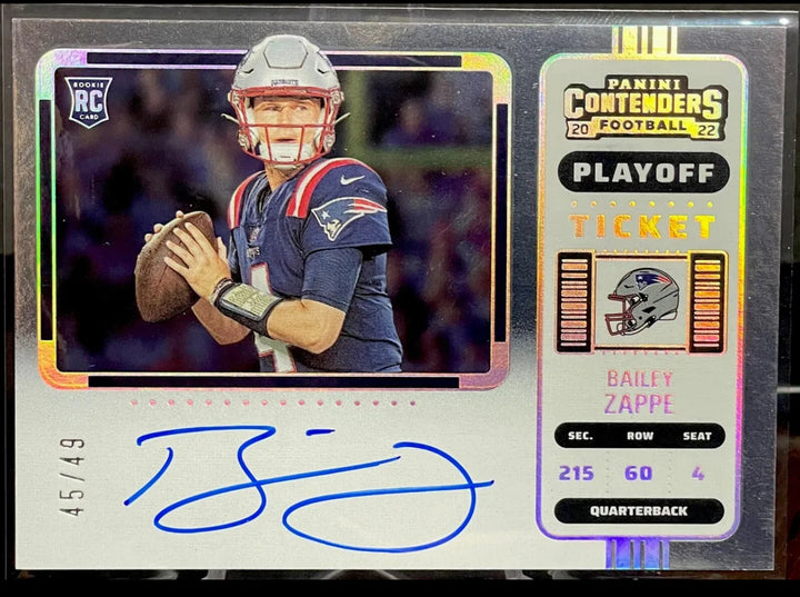 2022 Contenders Bailey Zappe Playoff Ticket Variation Rookie Auto RC /49