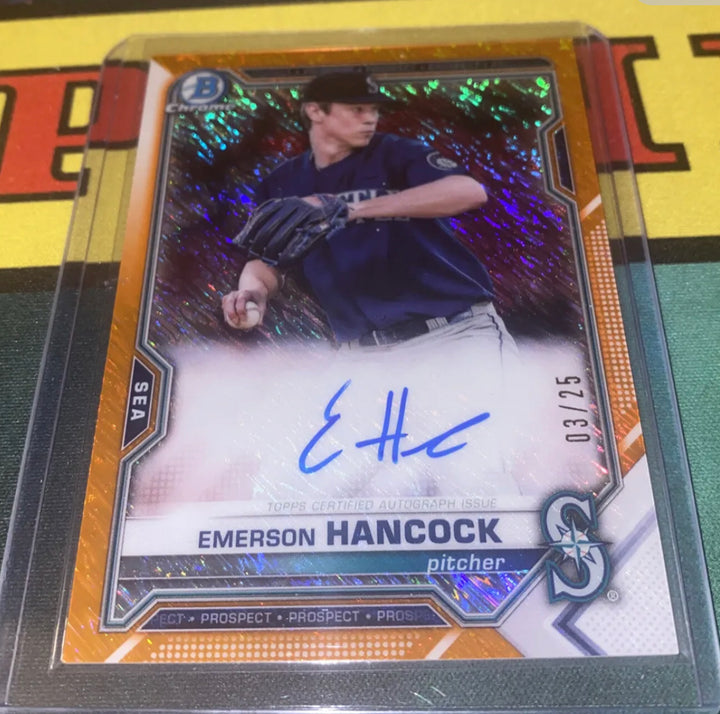 Bowman Chrome Emerson Hancock Auto On Card Mariners SSP/25 Orange Shimmer