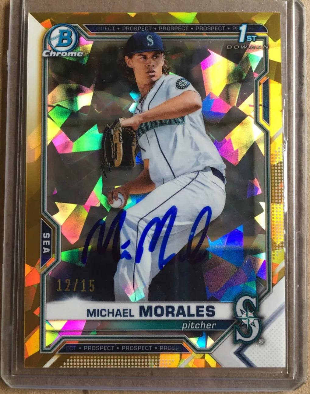 Signed 2021 Bowman Chrome Sapphire Gold Michael Morales /15 Mariners Autograph