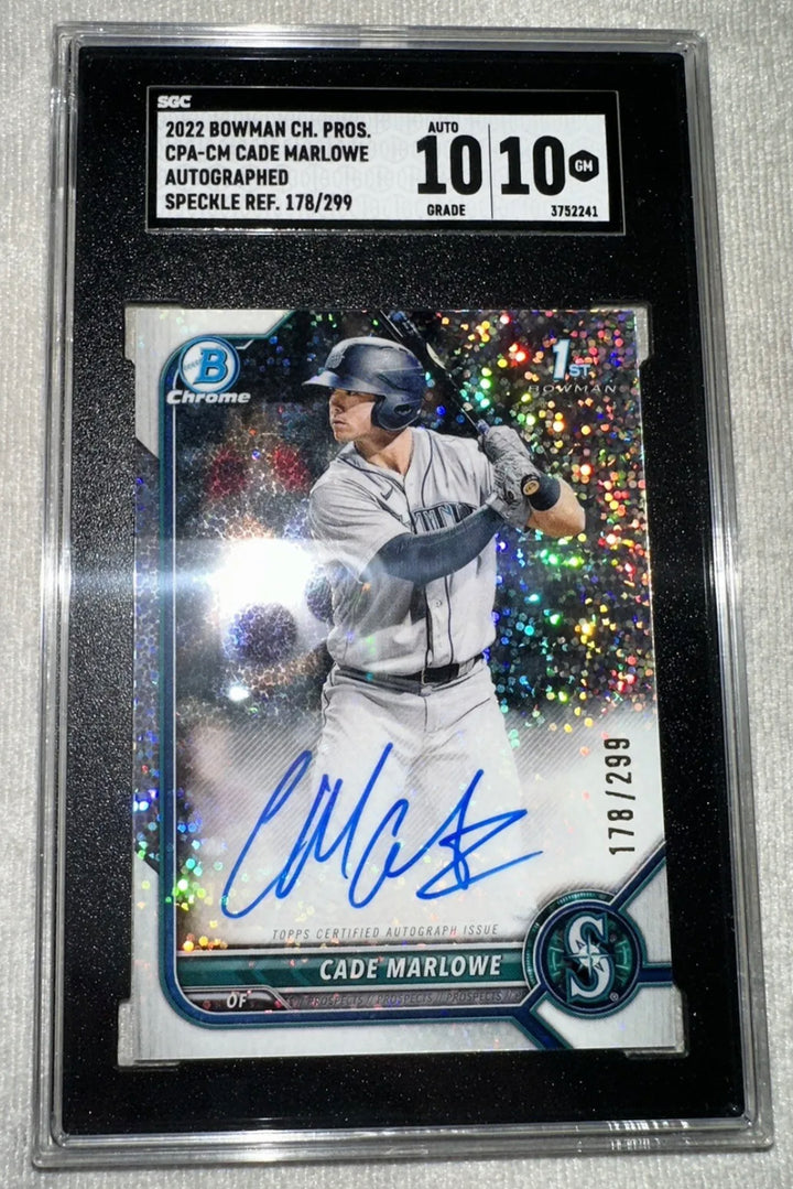 2022 Bowman Chrome Cade Marlowe Speckle Refractor #/299 SGC 10 Auto 10 Mariners