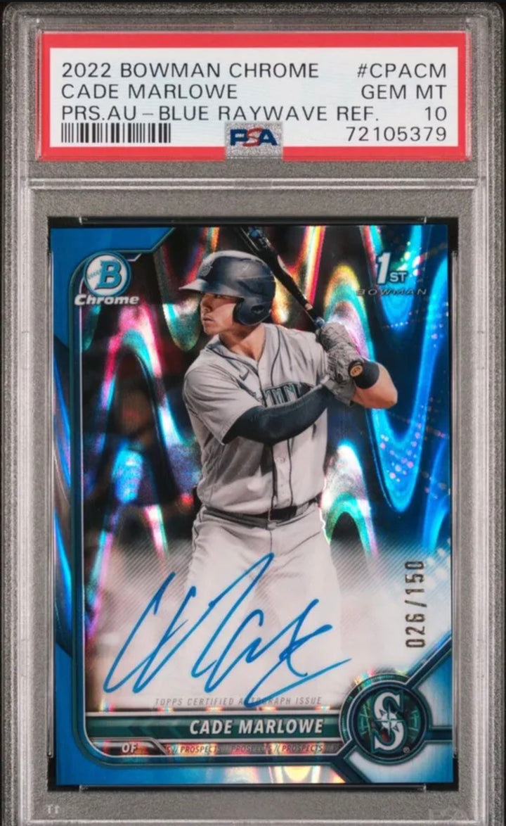 CADE MARLOWE 2022 1st Bowman Chrome Auto Blue Raywave Refractor PSA 10