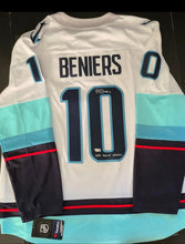 Load image into Gallery viewer, Matty Beniers Signed Auth. Kraken W/ Inscrip Inaugural Season Jersey Patch NHL
