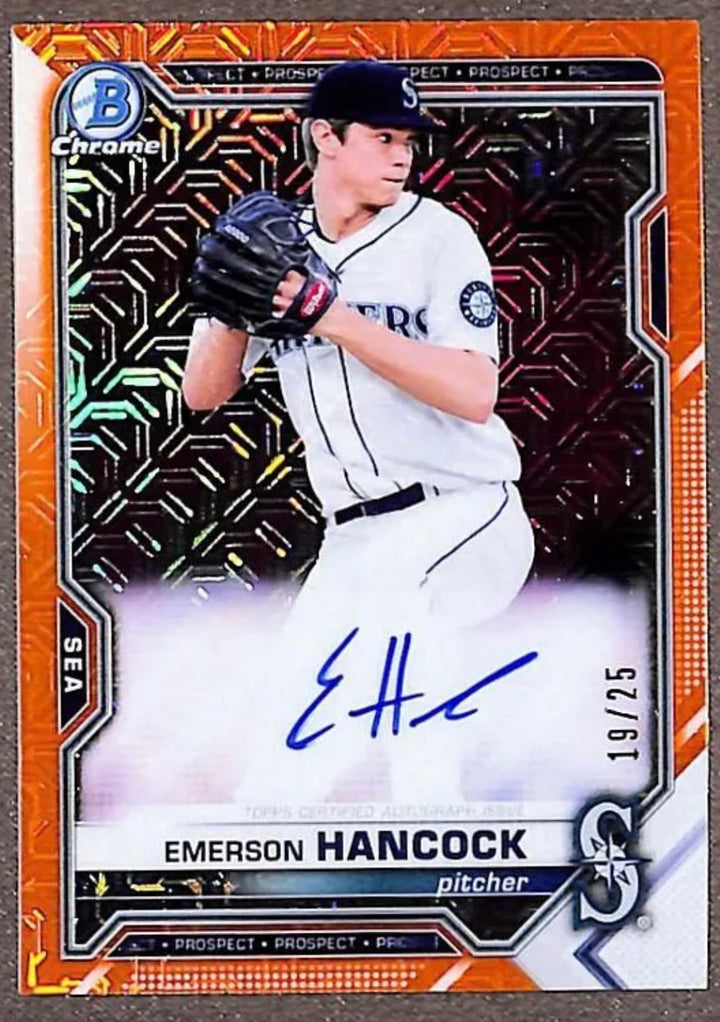 /25 2021 Bowman Chrome Mojo Auto Orange Refractor #BMA-EH Emerson Hancock