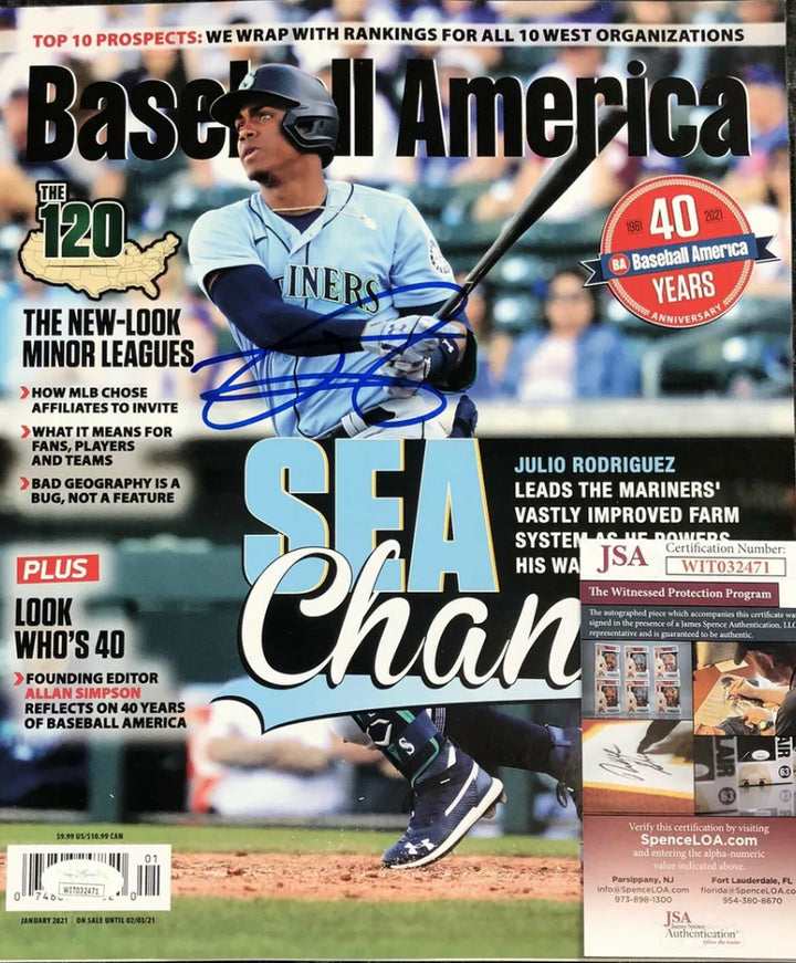 JULIO RODRIGUEZ SIGNED BASEBALL AMERICA MAGAZINE JSA  COA SEATTLE MARINERS!